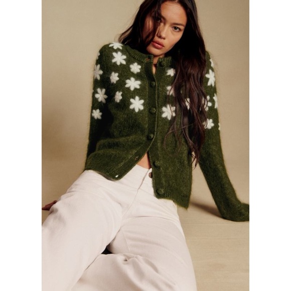 NWT Sezane Andrew Kid Mohair Wool Green Embroidered Floral Cardigan Sweater XS - Picture 10 of 11